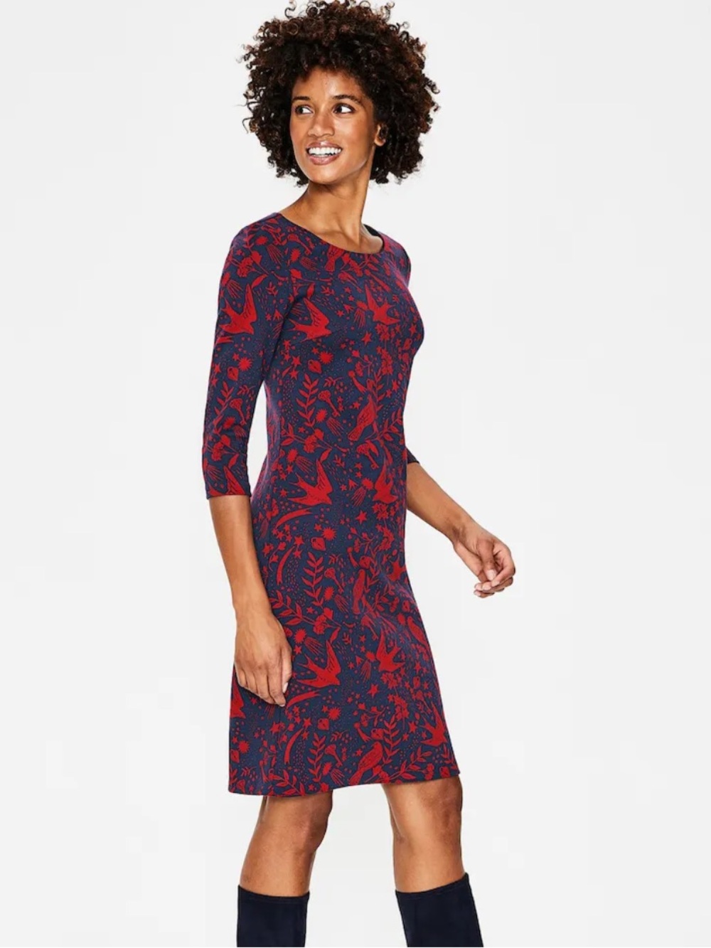 Boden Flying Sparrow Jersey Sheath Midi Dress Size 8 Red Navy